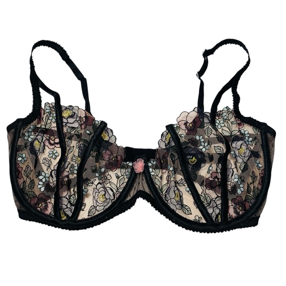 For Love & Lemons 38D Clara Underwire Bra Embroidered Black Mesh Floral Romantic - Picture 3 of 10
